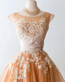 A Line Lace Dark Apricot Vintage Homecoming Dresses Short Prom Dress Short Party Dress HZ1023