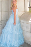 Light Blue Floral Long Prom Dresses Formal Graduation Evening Dresses HZ1023