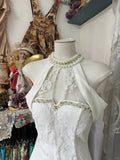 Vintage White A Line Halter Pearl Beaded Lace Homecoming Dress Cocktail Dress HZ1023