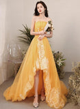 Yellow Unique High Low Tulle with Lace Prom Dress, Yellow Formal Dress Evening Dress HZ1023