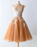 A Line Lace Dark Apricot Vintage Homecoming Dresses Short Prom Dress Short Party Dress HZ1023
