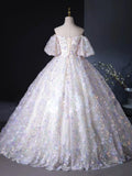 A Line Puff Sleeves Sweetheart Neck Appliques Tulle Long Prom Dress Ball Gown HZ1023
