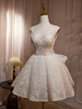 A Line V Neck Lace Bow Tulle Short Prom Dress Homecoming Dress HZ1023