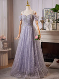 A Line Off the Shoulder Sequin Rhinestones Tulle Long Prom Dress Evening Dress HZ1023