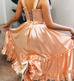 Princess A Line Straps Ruffles Light Pink Satin Prom Dress Evening Dress HZ1023