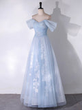 A Line Off the Shoulder Beading Appliques Blue Tulle Long Prom Dress Evening Dress HZ1023