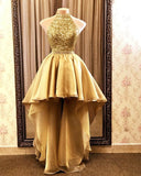 Gold High Low Sequin Organza Prom Dresses Halter Backless Formal Evening Party Gown Dress Robe De Soiree HZ1023