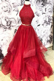 Burgundy two pieces tulle lace long prom dress, lace evening dress HZ1023