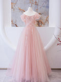 Pink tulle lace beads long prom dress, pink A line evening dress HZ1023