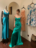Vintage Mermaid Sweetheart Neck Pleated Green Satin Long Party Dress Cocktail Dress HZ1023