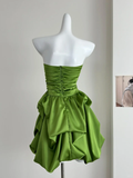 Simple A Line Strapless Pleated Green Satin Short Homecoming Dress Cocktail Dress HZ1023
