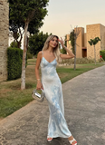 Elegant Blue Print Floral Mermaid Spaghetti Strap Satin Long Party Dress Cocktail Dress HZ1023