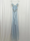 Baby Blue A Line Spaghetti Strap Sequin Satin Long Prom Dress Gown Dress HZ1023