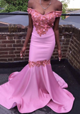 Mermaid Off-the-Shoulder Court Train Satin Prom Dress With Applique HZ1023