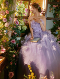 Purple Pretty Ball Gown Strapless Floral Tulle Prom Dress 16th Birthday Dress HZ1023