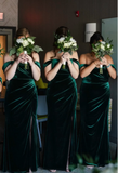 Charming Mermaid Off the Shoulder Green Velvet Long Party Dress Bridesmaid Dress with Slit HZ1023