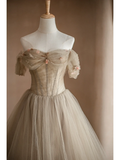 Light Camel A Line Off the Shoulder Floral Tulle Long Party Dress Prom Dress Formal Dress HZ1023