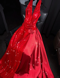 Sexy A Line V Neck Red Flower Sequin Satin Long Prom Dress Party Dress HZ1023