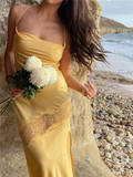 Sexy Satin Lace Splicing Long Evening Dress Yellow Prom Dress HZ1023