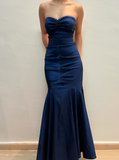 Vintage Mermaid Sweetheart Neck Beaded Navy Blue Satin Prom Dress Evening Dress HZ1023