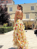 Stunning Print Floral A Line Straps Ruffle Chiffon Prom Dress Party Dress HZ1023