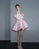 Stunning A Line Off the Shoulder Pink Satin Short Homecoming Dress Birthday Dress HZ1023