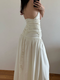 Simple Ivory A Line Halter Pleated Satin Slit Open Back Evening Dress Party Dress HZ1023