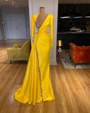 Yellow Mermaid Formal Prom Dresses Long Sleeves Shiny Crystals Beaded V Neck Evening Dress Party Gowns Full Length HZ1023
