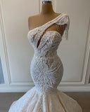 Luxurious Lace Beaded Wedding Dresses One Shoulder Mermaid Bridal Gowns Crystal Beads Sequin Sweep Train HZ1023