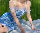 Sexy Sheath Spaghetti Strap Blue Print Floral Satin Short Prom Dress Homecoming Dress HZ1023