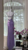 Stunning Sheath Spaghetti Strap Beaded Purple Chiffon Long Prom Dress Evening Dress with Slit HZ1023