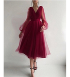 Charming Puffy Long Sleeve Burgundy Tea Length Long Prom Dress/Evening Gown HZ1023