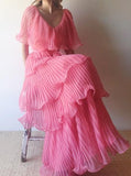 Pink Layered Chiffon A Line V Neck Simple Long Party Dress Evening Dress 18 Birthday Dress HZ1023