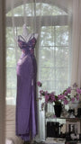 Stunning Sheath Spaghetti Strap Beaded Purple Chiffon Long Prom Dress Evening Dress with Slit HZ1023