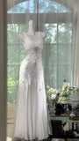 Gentle Mermaid V Neck Shiny Rhinestone White Chiffon Prom Dress Date Dress HZ1023