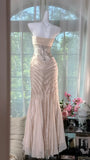 Light Apricot Mermaid Spaghetti Strap Beaded Chiffon Prom Dress Wedding Guest Dress HZ1023