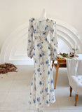 Elegant Mermaid Long Sleeve Blue Floral Chiffon Prom Dress Party Dress Outfits HZ1023