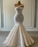 Luxurious Lace Beaded Wedding Dresses One Shoulder Mermaid Bridal Gowns Crystal Beads Sequin Sweep Train HZ1023
