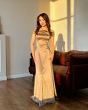 Pretty Brown Mermaid Off the Shoulder Satin Prom Dress Evening Dress Date Dress HZ1023