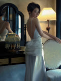 Simple White Mermaid Spaghetti Strap Satin Open Back Prom Dress Party Dress HZ1023