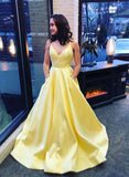 Yellow Satin V Neck Spaghetti Straps Long Senior Prom Dress With Pocket HZ1023