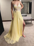 Yellow v neck chiffon lace long prom dress, evening dress HZ1023