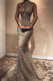 Halter Open Back Long Prom Dresses Cheap Shiny Beads Crystals Illusion Mermaid Formal Gowns HZ1023