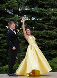 Yellow v neck satin long prom dress, simple evening dress HZ1023