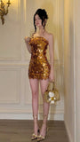 Sexy Sheath Strapless Gold Sequin Short Homecoming Dress Cocktail Dress HZ1023