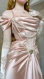 Stunning Sheath Off the Shoulder Pearl Pink Lace Satin Prom Dress Wedding Guest Dress HZ1023