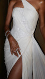 Romantic Sheath One Shoulder White Sequin Chiffon Party Dress Evening Dress with High Slit HZ1023