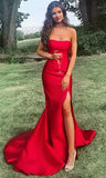 long prom dresses, strapless mermaid red prom dresses with slit HZ1023