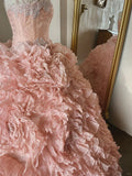 Pink Rose Flower Sweetheart Neck Ball Gown Lace Organza Prom Dress Birthday Dress HZ1023