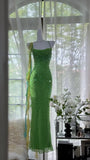Shiny Sheath Spaghetti Strap Sequin Beaded Green Chiffon Open Back Party Dress Evening Dress HZ1023